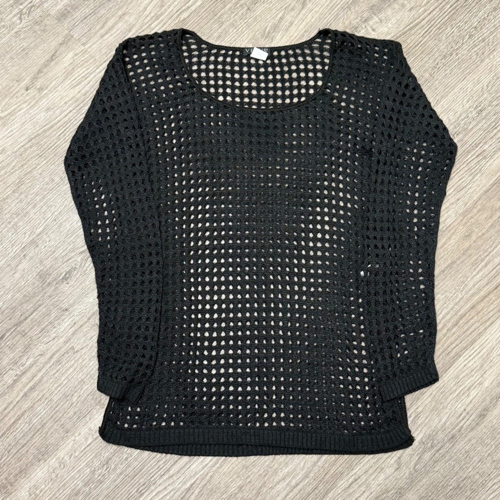 Venus Black Open Knit Crochet Sweater Long Sleeve Mesh Top Small  USA Y2K Witchy